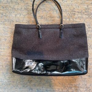 Grey flannel and black patent tote